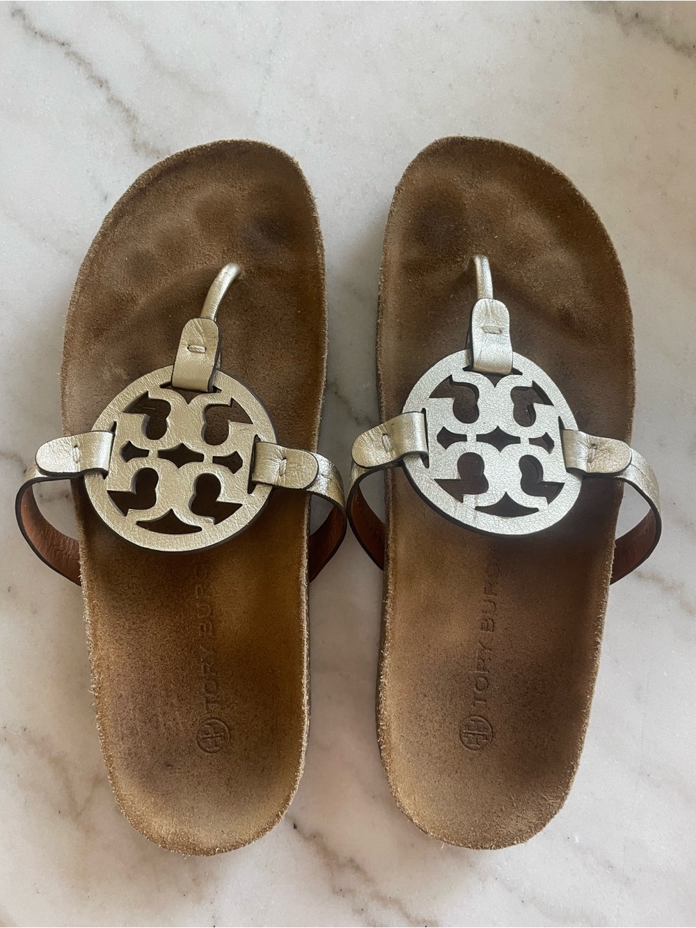 Tory Burch Gold/Champagne Logo Thong Sandals with Suede Footbed